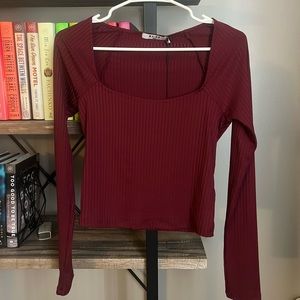 Square Neck Ribbed Top in Burgundy